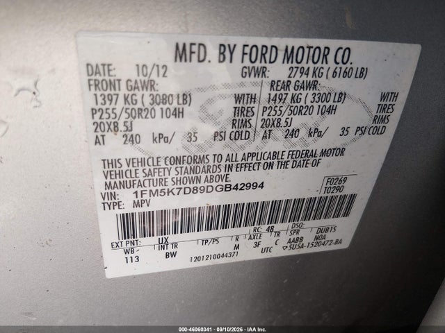 46060341 :رقم المزاد ، 1FM5K7D89DGB42994 vin ، 2013 Ford Explorer Xlt مزاد بيع