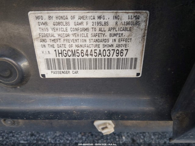 Продажа на аукционе авто 2005 Honda Accord 2.4 Lx, vin: 1HGCM56445A037967, номер лота: 46060346