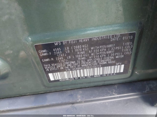 46060349 :رقم المزاد ، 4S4BRCCC2D3275228 vin ، 2013 Subaru Outback 2.5i Premium مزاد بيع