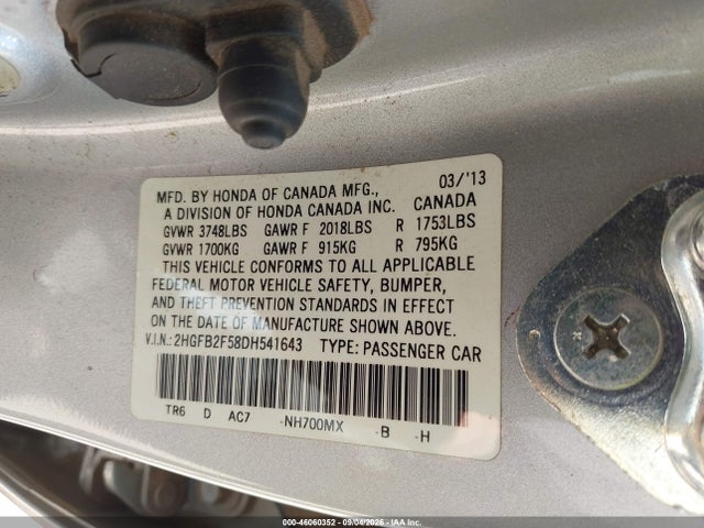 Продаж на аукціоні авто 2013 Honda Civic Lx, vin: 2HGFB2F58DH541643, номер лоту: 46060352