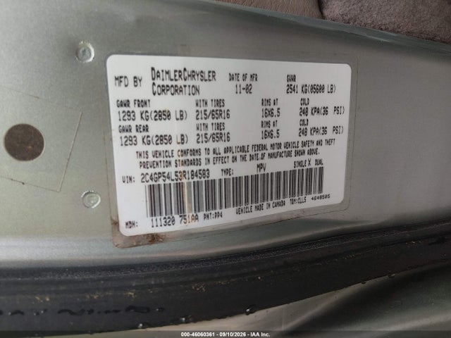 Aukcja sprzedaży 2003 Chrysler Town & Country Lxi, vin: 2C4GP54L53R184583, numer aukcji: 46060361