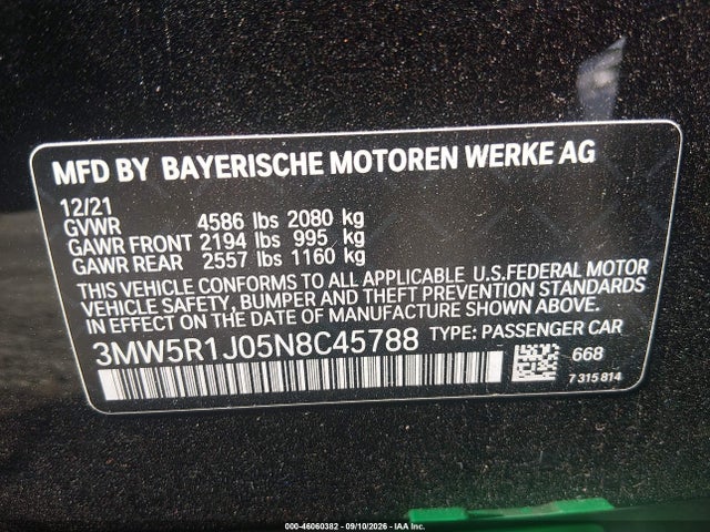 Aukcja sprzedaży 2022 Bmw 330i, vin: 3MW5R1J05N8C45788, numer aukcji: 46060382