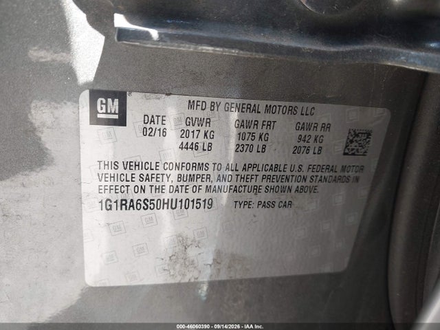 Aukcja sprzedaży 2017 Chevrolet Volt Lt, vin: 1G1RA6S50HU101519, numer aukcji: 46060390