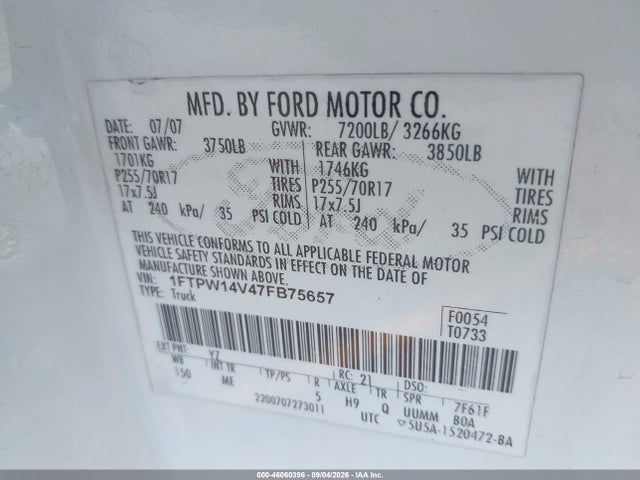 Aukcja sprzedaży 2007 Ford F-150 Fx4/lariat/xlt, vin: 1FTPW14V47FB75657, numer aukcji: 46060396