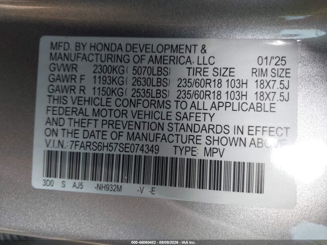 Продажа на аукционе авто 2025 Honda Cr-v Hybrid Sport, vin: 7FARS6H57SE074349, номер лота: 46060402