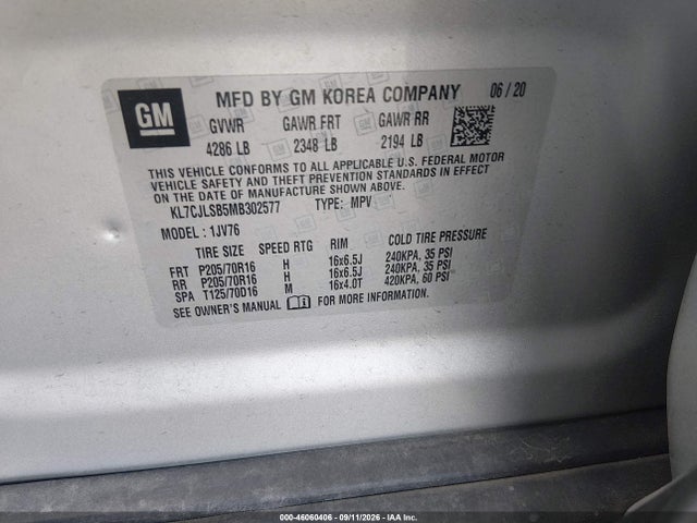 Aukcja sprzedaży 2021 Chevrolet Trax Fwd Lt, vin: KL7CJLSB5MB302577, numer aukcji: 46060406
