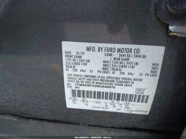 46060419 :رقم المزاد ، 1FMSK8FH2NGA60970 vin ، 2022 Ford Explorer Limited مزاد بيع