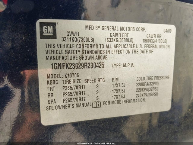 46060421 :رقم المزاد ، 1GNFK23029R230425 vin ، 2009 Chevrolet Tahoe Lt2 مزاد بيع
