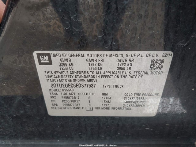46060427 :رقم المزاد ، 3GTU2UEC6EG377537 vin ، 2014 Gmc Sierra 1500 Sle مزاد بيع