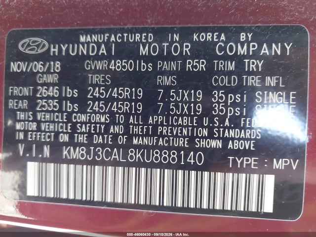 Aukcja sprzedaży 2019 Hyundai Tucson Sport, vin: KM8J3CAL8KU888140, numer aukcji: 46060430