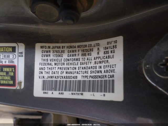 Aukcja sprzedaży 2010 Honda Civic Hybrid, vin: JHMFA3F2XAS002408, numer aukcji: 46060444