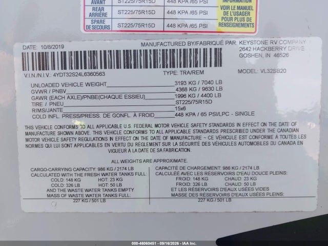 Продажа на аукционе авто 2020 Crossroads Other, vin: 4YDT32S24L6360563, номер лота: 46060451