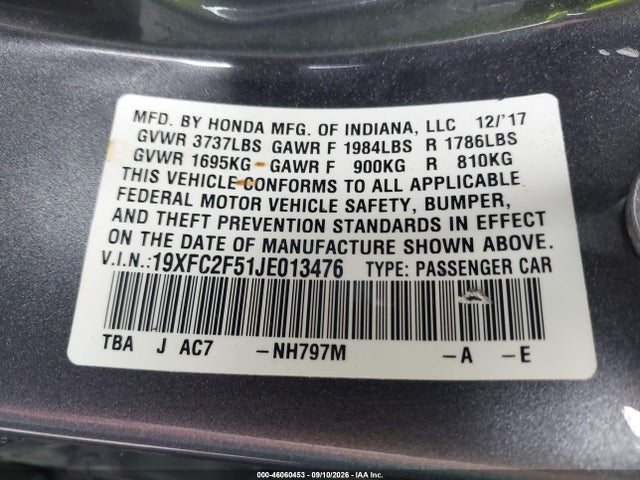 2018 Honda Civic Lx მანქანა იყიდება აუქციონზე, vin: 19XFC2F51JE013476, აუქციონის ნომერი: 46060453