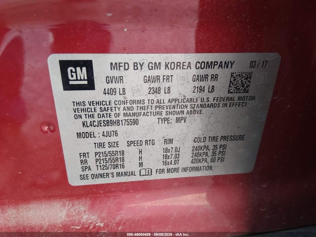 46060459 :رقم المزاد ، KL4CJESB9HB175590 vin ، 2017 Buick Encore Preferred مزاد بيع