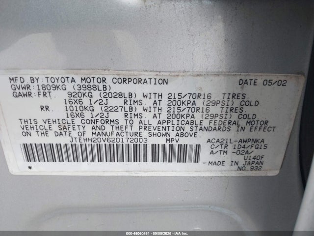 46060461 :رقم المزاد ، JTEHH20V620172003 vin ، 2002 Toyota Rav4 مزاد بيع