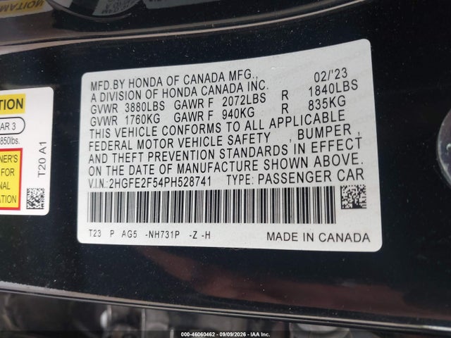 Продажа на аукционе авто 2023 Honda Civic Sport, vin: 2HGFE2F54PH528741, номер лота: 46060462