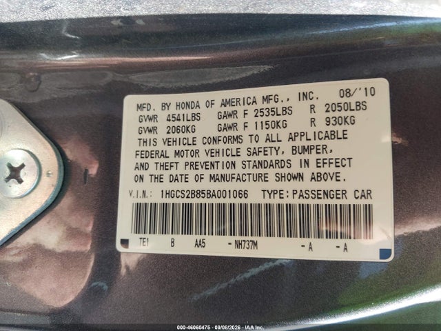 Aukcja sprzedaży 2011 Honda Accord 3.5 Ex-l, vin: 1HGCS2B85BA001066, numer aukcji: 46060475
