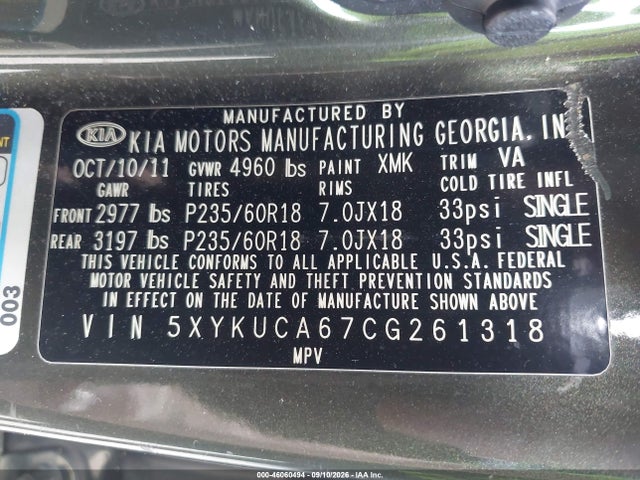 Продаж на аукціоні авто 2012 Kia Sorento Ex, vin: 5XYKUCA67CG261318, номер лоту: 46060494