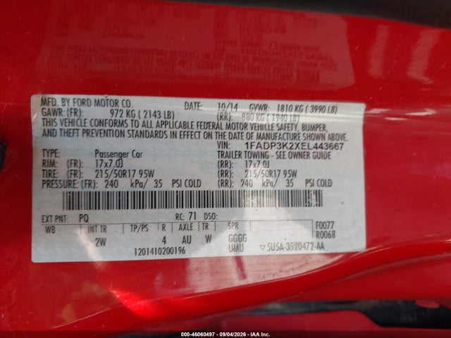 Продажа на аукционе авто 2014 Ford Focus Se, vin: 1FADP3K2XEL443667, номер лота: 46060497