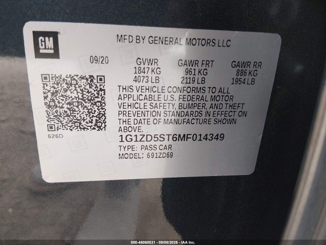 Продаж на аукціоні авто 2021 Chevrolet Malibu Fwd Lt, vin: 1G1ZD5ST6MF014349, номер лоту: 46060531