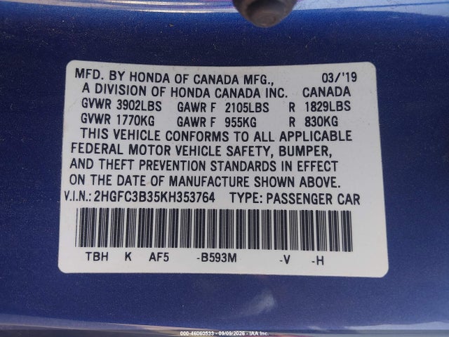 Продажа на аукционе авто 2019 Honda Civic Ex, vin: 2HGFC3B35KH353764, номер лота: 46060533