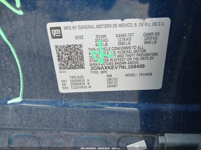 Aukcja sprzedaży 2022 Chevrolet Equinox Fwd Lt, vin: 3GNAXKEV7NL168459, numer aukcji: 46060540