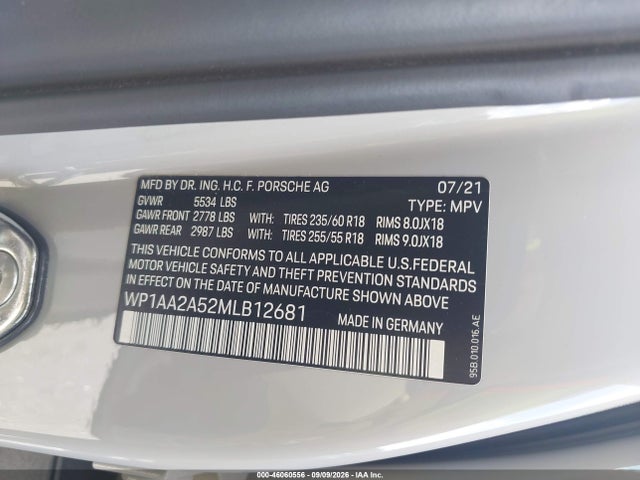 46060556 :رقم المزاد ، WP1AA2A52MLB12681 vin ، 2021 Porsche Macan مزاد بيع