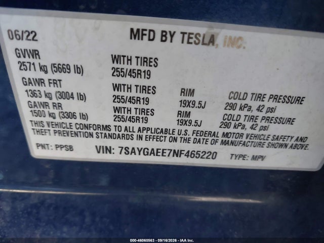 Продаж на аукціоні авто 2022 Tesla Model Y Long Range Dual Motor All-wheel Drive, vin: 7SAYGAEE7NF465220, номер лоту: 46060563