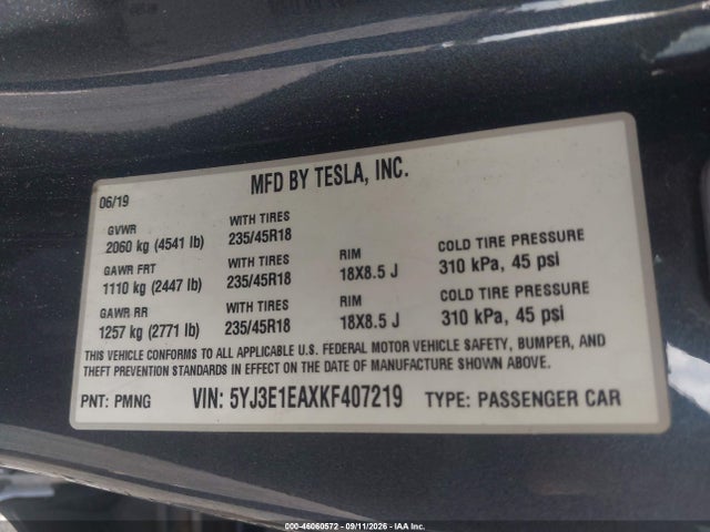 Продаж на аукціоні авто 2019 Tesla Model 3 Long Range/mid Range/standard Range/standard Range Plus, vin: 5YJ3E1EAXKF407219, номер лоту: 46060572