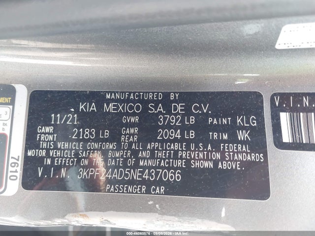 2022 Kia Forte Lxs მანქანა იყიდება აუქციონზე, vin: 3KPF24AD5NE437066, აუქციონის ნომერი: 46060576