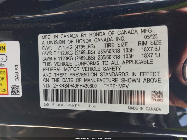 46060583 :رقم المزاد ، 2HKRS4H46PH430600 vin ، 2023 Honda Cr-v Ex Awd مزاد بيع