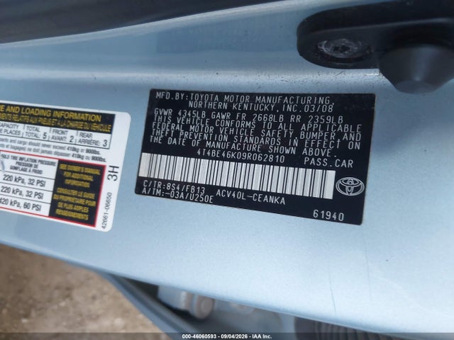 46060593 :رقم المزاد ، 4T4BE46K09R062810 vin ، 2009 Toyota Camry Le مزاد بيع