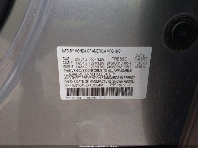 46060596 :رقم المزاد ، 5J8YD4H3XKL033491 vin ، 2019 Acura Mdx Standard مزاد بيع