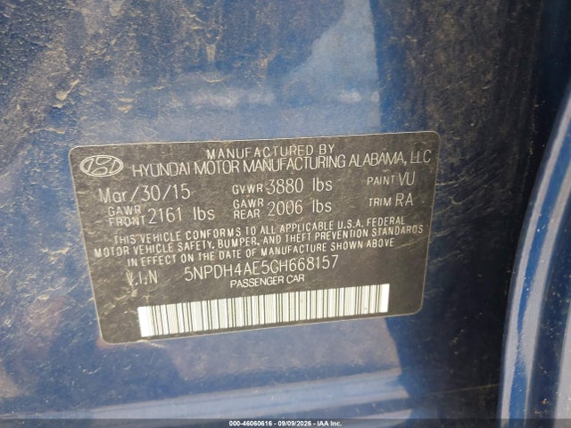 2016 Hyundai Elantra Se მანქანა იყიდება აუქციონზე, vin: 5NPDH4AE5GH668157, აუქციონის ნომერი: 46060616