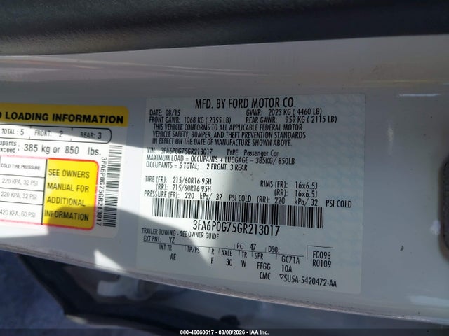 2016 Ford Fusion S მანქანა იყიდება აუქციონზე, vin: 3FA6P0G75GR213017, აუქციონის ნომერი: 46060617