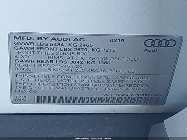 46060622 :رقم المزاد ، WA1BNAFY6K2085585 vin ، 2019 Audi Q5 45 Premium مزاد بيع