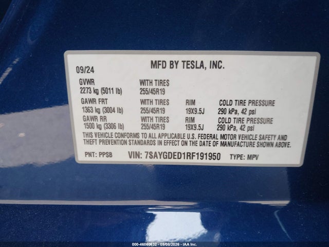 Продажа на аукционе авто 2024 Tesla Model Y, vin: 7SAYGDED1RF191950, номер лота: 46060632