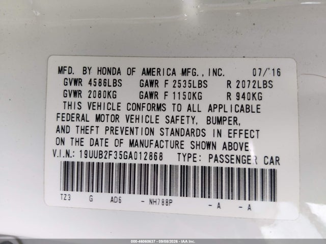 2016 Acura Tlx V6 მანქანა იყიდება აუქციონზე, vin: 19UUB2F35GA012868, აუქციონის ნომერი: 46060637