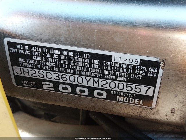 Aukcja sprzedaży 2000 Honda Vtr1000 F, vin: JH2SC3600YM200557, numer aukcji: 46060639