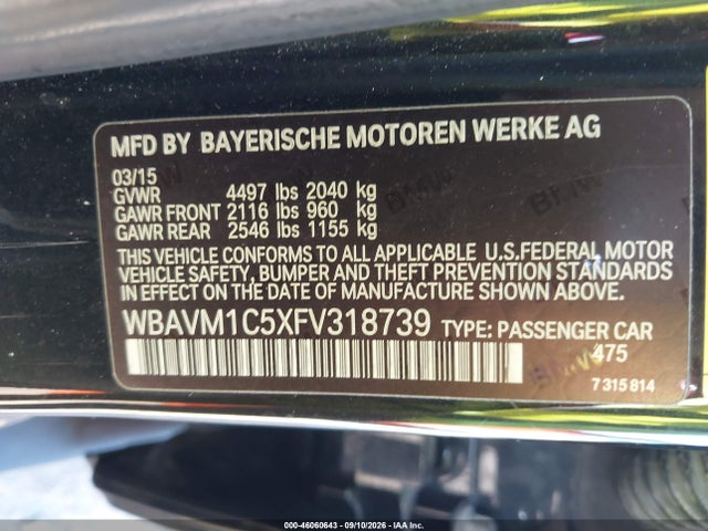 Aukcja sprzedaży 2015 Bmw X1 Sdrive28i, vin: WBAVM1C5XFV318739, numer aukcji: 46060643