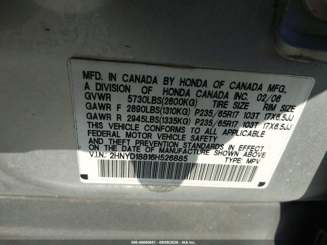 46060651 :رقم المزاد ، 2HNYD18816H526885 vin ، 2006 Acura Mdx مزاد بيع