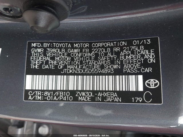 46060659 :رقم المزاد ، JTDKN3DU5D5594893 vin ، 2013 Toyota Prius Three مزاد بيع