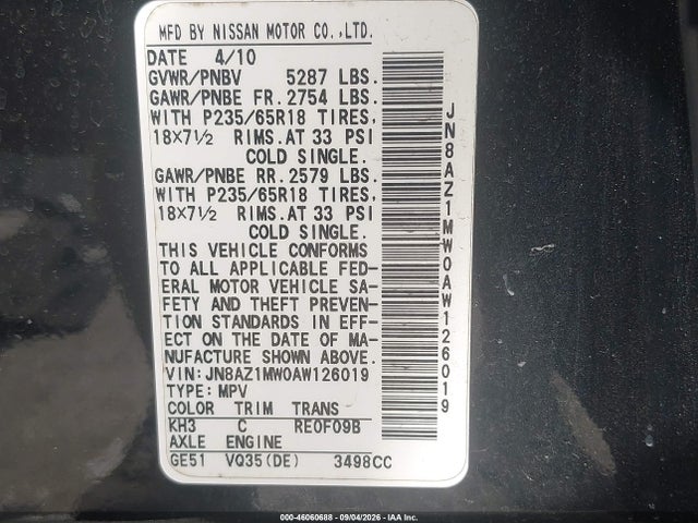 Aukcja sprzedaży 2010 Nissan Murano Sl, vin: JN8AZ1MW0AW126019, numer aukcji: 46060688