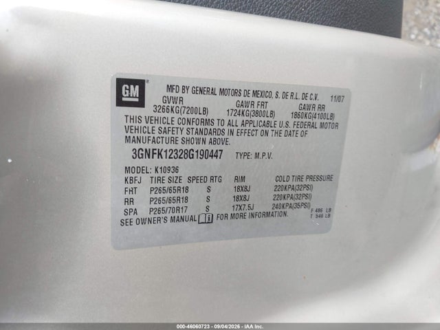 46060723 :رقم المزاد ، 3GNFK12328G190447 vin ، 2008 Chevrolet Avalanche 1500 Lt مزاد بيع