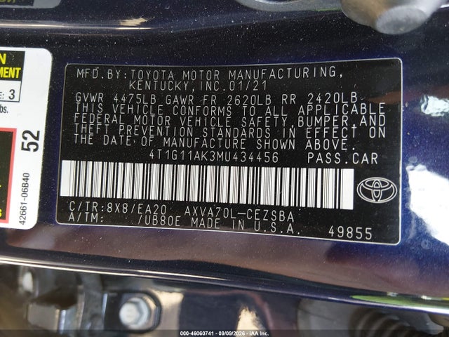 Продаж на аукціоні авто 2021 Toyota Camry Se, vin: 4T1G11AK3MU434456, номер лоту: 46060741