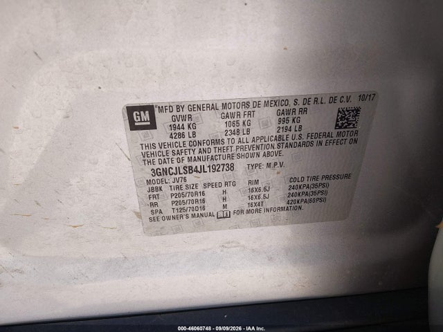 Aukcja sprzedaży 2018 Chevrolet Trax Lt, vin: 3GNCJLSB4JL192738, numer aukcji: 46060748