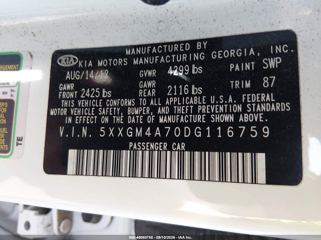 Продажа на аукционе авто 2013 Kia Optima Lx, vin: 5XXGM4A70DG116759, номер лота: 46060750