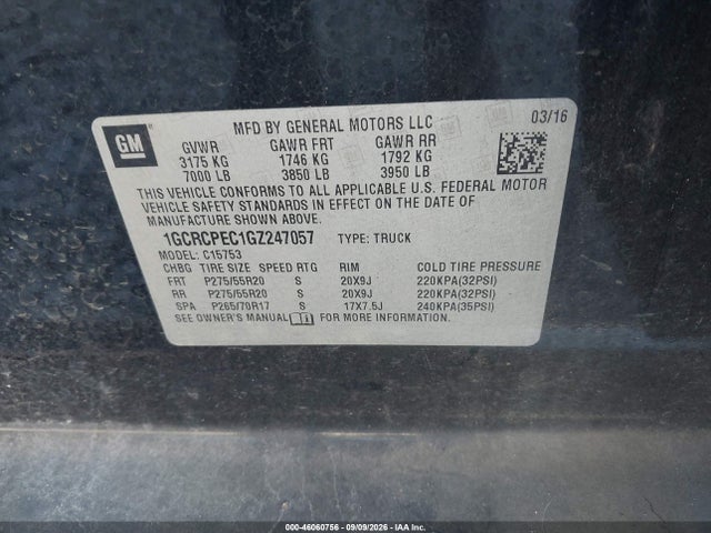 46060756 :رقم المزاد ، 1GCRCPEC1GZ247057 vin ، 2016 Chevrolet Silverado 1500 Custom مزاد بيع
