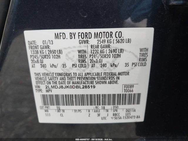Aukcja sprzedaży 2013 Lincoln Mkx, vin: 2LMDJ8JK0DBL28519, numer aukcji: 46060757