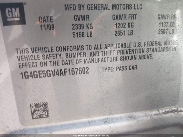 2010 Buick Lacrosse Cxs მანქანა იყიდება აუქციონზე, vin: 1G4GE5GV4AF167602, აუქციონის ნომერი: 46060758